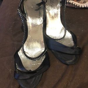 Sweet Steps strappy satin heels w/ rhinestones